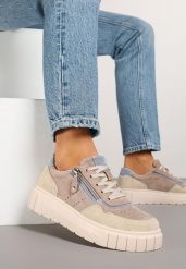 Ciemnobeżowe Sneakersy Skórzane z Ozdobnym Suwakiem Tillirella. Brązowe obuwie sportowe damskie Born2be, z jeansu, bez zapięcia. Za 169.99 zł.