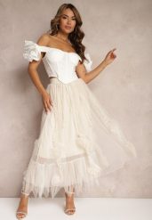 Jasnobeżowa Spódnica High Waist z Gumką w Talii o Siateczkowym Wykończeniu Vikkissa. Brązowe spódnice damskie Renee, na spotkanie biznesowe, l, bez wzorów, eleganckie, maxi. Za 119.99 zł.