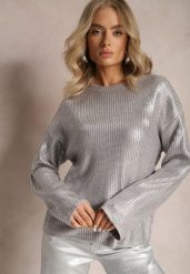 Srebrny Metaliczny Sweter z Długim Rękawem Vivalei. Szare swetry klasyczne damskie Renee, m, z dzianiny, bez kołnierzyka. Za 119.99 zł.