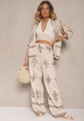 Beżowy Wiskozowy Komplet Boho Koszula i Spodnie z Haftowanym Zdobieniem Helhiris. Brązowe koszule damskie Renee, l, z aplikacjami, z wiskozy, boho, bez kołnierzyka, bez ramiączek. Za 129.99 zł.