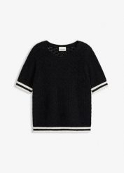Sweter ażurowy z przędzy piórkowej. Czarne swetry klasyczne damskie bonprix, bez kołnierzyka. Za 159.99 zł.
