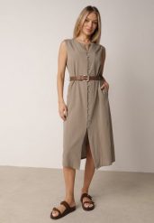 Zielona Taliowana Sukienka z Bawełną i Wiskozą Ozdobiona Paskiem Luven. Zielone sukienki damskie Born2be, bez wzorów, z bawełny, eleganckie, bez ramiączek. Za 139.99 zł.