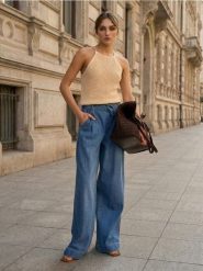 Jeansy palazzo z kieszeniami i materiałowym paskiem - niebieski. Niebieskie jeansy damskie Sinsay. Za 59.99 zł.