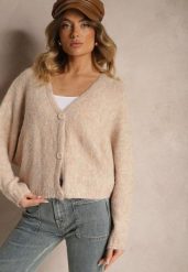Beżowy Rozpinany Kardigan z Wełną i Trójkątnym Dekoltem Riarael. Brązowe kardigany damskie Renee, bez wzorów, z jeansu. Za 139.99 zł.