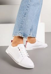 Białe Skórzane Tenisówki na Płaskiej Podeszwie ze Skórzaną Wkładką i Perforacją Ivelili. Białe obuwie sportowe damskie Born2be, z jeansu, bez zapięcia, tenisowe. Za 109.99 zł.