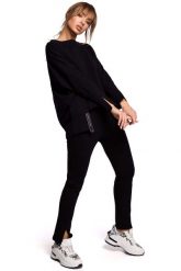 Wygodna Prosta Bluza z Lampasem - Czarna. Czarne bluzy damskie MOE, l, bez wzorów, z bawełny, bez kaptura. Za 229.90 zł.