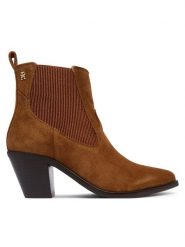 Tommy Hilfiger Botki Suede Western Chelsea Boot FW0FW09581 Brązowy. Brązowe botki damskie Tommy Hilfiger, ze skóry, bez obcasa, na słupku, bez zapięcia. Za 699.99 zł.
