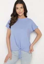 Niebieski T-shirt z Bawełny z Ozdobnym Wiązaniem Sunitra. Niebieskie t-shirty damskie Born2be, l, bez wzorów, z bawełny, bez kołnierzyka. Za 29.99 zł.