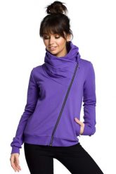Sportowa Bluza Zapinana na Ukośny Zamek - Fioletowa. Fioletowe bluzy damskie MOE, l, bez wzorów, z bawełny, bez kaptura. Za 273.90 zł.