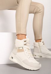 Beżowe Sneakersy na Koturnie Zdobione Metalicznymi Wstawkami i Futerkiem Omedia. Brązowe obuwie sportowe damskie Born2be, bez zapięcia. Za 119.99 zł.