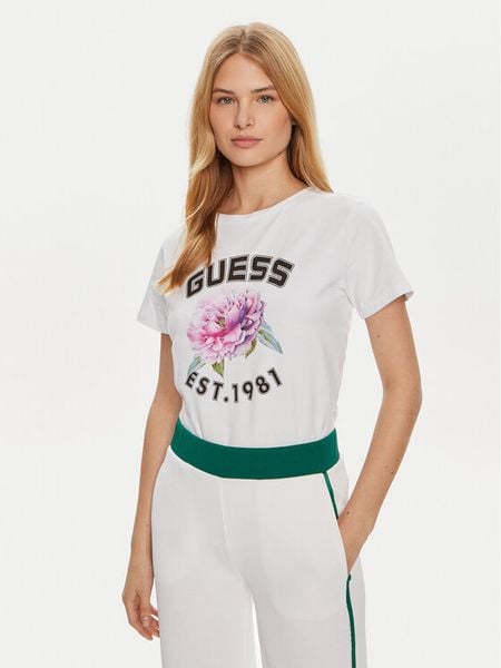 Guess T-Shirt Peony V4YI15 J1314 Biały Regular Fit. Białe t-shirty damskie Guess, s, z aplikacjami, z bawełny, bez kołnierzyka. Za 79.99 zł.