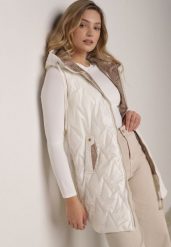 Biała Pikowana Kamizelka o Długim Kroju z Nieodpinanym Kapturem w Romby Dephice. Białe kamizelki damskie Born2be, l, bez wzorów, z jeansu, z kapturem. Za 139.99 zł.