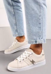 Beżowe Sneakersy z Ozdobną Klamrą i Cholewką przed Kostkę Teralis. Brązowe obuwie sportowe damskie Renee, przed kostkę, bez zapięcia. Za 74.99 zł.