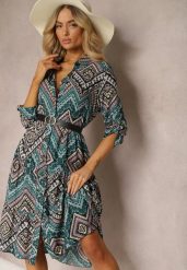 Czarno-Niebieska Koszulowa Sukienka z Bawełnianej Tkaniny z Mozaikowym Wzorem Tesahina. Czarne sukienki damskie Renee, bez wzorów, z bawełny, boho, bez ramiączek. W wyprzedaży za 63.99 zł.