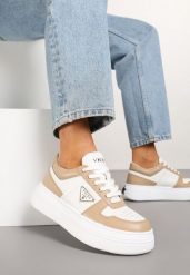 Beżowo-Białe Sneakersy Vices na Platformie z Perforacją i Geometryczną Aplikacją Vilvesia. Brązowe obuwie sportowe damskie Renee, z jeansu, bez zapięcia. Za 99.99 zł.