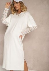 Jasnobeżowa Sukienka z Bawełny o Kroju Typu T-shirt z Koronką i Rozcięciami Tanisla. Brązowe sukienki damskie Renee, bez wzorów, z bawełny, eleganckie, bez ramiączek. W wyprzedaży za 50.99 zł.