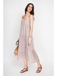 ASSUILI Lniana sukienka w kolorze beżowym rozmiar: 34. Brązowe sukienki damskie Assuili, bez wzorów, ze lnu, bez ramiączek. Za 130.99 zł.