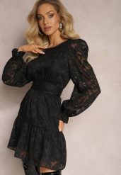 Czarna Rozkloszowana Sukienka Mini z Tkaniny Plumeti Marsane. Czarne sukienki damskie Renee, bez wzorów, z tkaniny, bez ramiączek. W wyprzedaży za 119.99 zł.