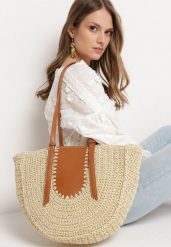 Jasnobeżowa Plażowa Torebka Typu Shopper z Ozdobnej Plecionki z Dwoma Regulowanymi Paskami Karsaia. Brązowe shopper bag Born2be, bez wzorów, bez dodatków. Za 89.99 zł.