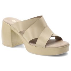 Klapki damskie Armodo, cholewka ze skóry naturalnej licowej z szerokimi krzyżującymi się paskami na wysokim obcasie, beżowe, 40524. Brązowe klapki damskie Armodo, bez wzorów, ze skóry, bez obcasa, bez zapięcia. Za 289.00 zł.