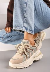 Ciemnobeżowe Sznurowane Sneakersy na Platformie Ozdobione Brokatem Ewla. Brązowe obuwie sportowe damskie Renee, z materiału, bez zapięcia. Za 109.99 zł.