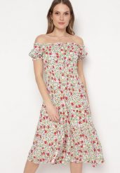 Biało-Zielona Bawełniana Sukienka Midi w Kwiatowy Print o Fasonie Hiszpanki Anirpe. Białe sukienki damskie Born2be, bez wzorów, z bawełny, bez ramiączek. Za 49.99 zł.
