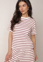 Czerwono-Biały Bawełniany T-shirt w Poziome Paski Rive. Białe t-shirty damskie Born2be, l, bez wzorów, z bawełny, bez kołnierzyka. Za 59.99 zł.