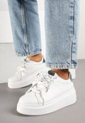 Biało-Srebrne Sneakersy Ozdobione Podwójnym Wiązaniem Zdivane. Białe obuwie sportowe damskie Born2be, bez zapięcia. Za 89.99 zł.