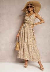 Jasnobeżowa Sukienka na Ramiączkach z Kopertowym Dekoltem z Plisowaniem i Letnim Wzorem Rysenna. Brązowe sukienki damskie Renee, bez wzorów, eleganckie, bez ramiączek. W wyprzedaży za 63.99 zł.