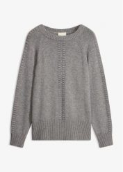 Sweter nietoperzowy z wiskozą. Szare swetry klasyczne damskie bonprix, z wiskozy, bez kołnierzyka. Za 129.99 zł.