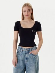 Guess T-Shirt V6RP05 K8RT2 Czarny Regular Fit. Czarne t-shirty damskie Guess, xxs, z aplikacjami, z wiskozy, bez kołnierzyka. Za 179.99 zł.