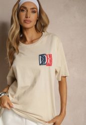 Beżowa Koszulka z Bawełny z Ozdobnym Nadrukiem Olinesse. Brązowe bluzki damskie Renee, l, bez wzorów, z bawełny, bez kołnierzyka, bez ramiączek. Za 29.99 zł.