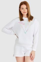 GUESS Biała bluza damska z odblaskowym logo. Białe bluzy damskie Guess, s, z aplikacjami, z bawełny, bez kaptura. W wyprzedaży za 249.99 zł.