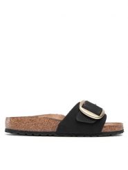 Birkenstock Klapki Madrid Big Buckle 1023373 Czarny. Czarne klapki damskie Birkenstock, bez wzorów, z nubiku, bez obcasa, bez zapięcia. Za 499.99 zł.