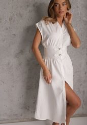 Biała Sukienka na Guziki z Gorsetowym Panelem z Klamrami w Talii Frose. Białe sukienki damskie Renee, bez wzorów, bez ramiączek. Za 119.99 zł.