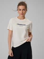 4F T-shirt loose z nadrukiem damski - beżowy M. Brązowe t-shirty damskie 4F, m, bez wzorów, z bawełny, bez kołnierzyka. Za 79.99 zł.