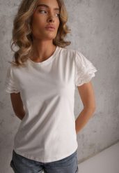 Biały T-shirt z Bawełny z Rękawami z Koronki Hycis. Białe t-shirty damskie Renee, m, bez wzorów, z bawełny, bez kołnierzyka. Za 69.99 zł.