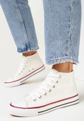 Białe Sznurowane Trampki z Cholewką za Kostkę Socerio. Białe trampki damskie Born2be, bez wzorów, za kostkę, bez zapięcia. Za 49.99 zł.