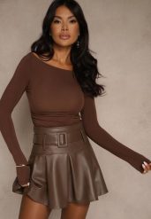 Brązowa Marszczona Bluzka z Wiskozą Fizzasa. Brązowe bluzki damskie Renee, l, bez wzorów, z jeansu, eleganckie, bez kołnierzyka, bez ramiączek. Za 69.99 zł.