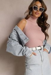 Jasnoróżowa Bluzka z Elastycznego Materiału bez Rękawów z Golfem Merdia. Czerwone golfy damskie Renee, bez wzorów, bez ramiączek. Za 39.99 zł.