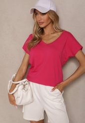 Fuksjowy T-shirt z Bawełny z Dekoltem w Serek Linithiela. Czerwone t-shirty damskie Renee, xl, bez wzorów, z bawełny, bez kołnierzyka. Za 39.99 zł.