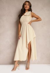 Beżowa Sukienka Koktajlowa o Asymetrycznym Kroju na Jedno Ramię Ozdobiona Kokardą Vimorissa. Brązowe sukienki damskie Renee, bez wzorów, eleganckie, bez ramiączek. W wyprzedaży za 83.99 zł.