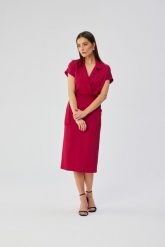 Śliwkowa Midi Ołówkowa Sukienka z Kołnierzem. Brązowe sukienki damskie MOE, bez wzorów, z elastanu, bez ramiączek. Za 334.90 zł.