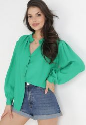 Zielona Koszula z Plisowanymi Rękawami Yelia. Zielone koszule damskie Born2be, bez wzorów, eleganckie, bez kołnierzyka, bez ramiączek. Za 84.99 zł.
