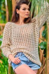 Oversizowy Sweter w Ażurowy Wzór - Beżowy. Brązowe swetry klasyczne damskie Awama, uniwersalny, z materiału, bez kołnierzyka. Za 249.90 zł.