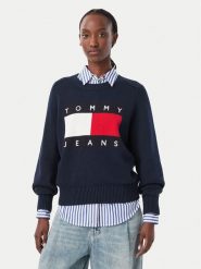 Tommy Jeans Sweter Flag DW0DW23450 Granatowy Regular Fit. Niebieskie swetry klasyczne damskie Tommy Jeans, l, z bawełny, bez kołnierzyka. Za 489.99 zł.