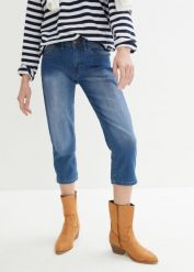 Dżinsy Slim Fit mid waist, cropped. Niebieskie jeansy damskie bonprix. Za 84.99 zł.
