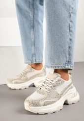 Beżowe Sneakersy na Platformie Ozdobione Cyrkoniami Kornelai. Brązowe obuwie sportowe damskie Renee, bez zapięcia. Za 109.99 zł.