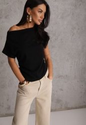 Czarny T-shirt z Bawełny z Dekoltem Łódką i Drapowaniem w Pasie Savalira. Czarne t-shirty damskie Renee, m, bez wzorów, z bawełny, bez kołnierzyka. Za 59.99 zł.