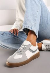 Białe Sneakersy na Niskiej Platformie z Metalicznymi Wstawkami Dalivia. Białe obuwie sportowe damskie Renee, z materiału, bez zapięcia. Za 74.99 zł.